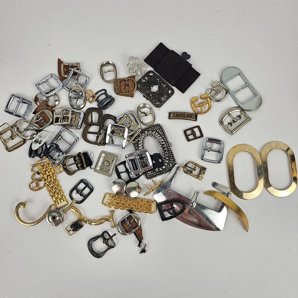 VTG lot assorted metal buckles and ornaments closures crafts hobbies